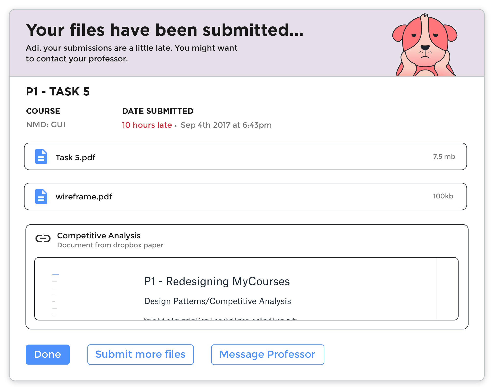 Dropbox message for late submission